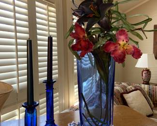 cobalt candlesticks and vase