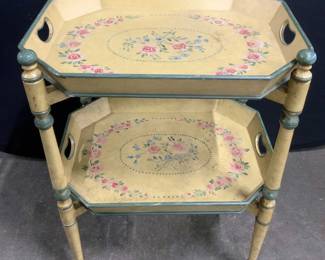 Vintage Hand Painted 2 Tier Wooden Bar Cart
