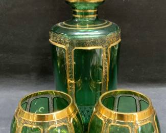 Set 3 JFS BOHEMIA Gilt Glass Decanter & Glasses
