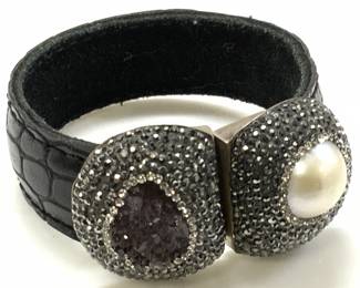 Leather Sterling Silver Pearl Quartz Cuff Bracelet

