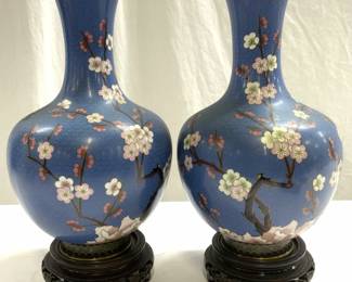 Pair Vintage Enamel Cloisonne Vases W Wood Stands

