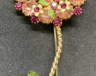 WEISS Gold Tone Pink Crystal Flower Brooch 3.25in
