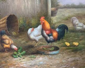 Signed Chicken & Roosters Oil Painting
