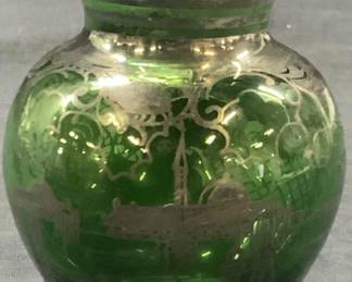 Vtg Emerald Green Sterling Silver Overlay Vessel
