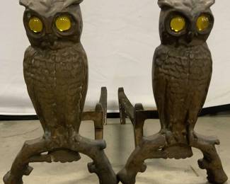 Pair Vintage Glass Eye Iron Owl Andirons 13inH
