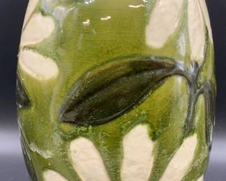 TC CV Sgnd Vintage Green Floral Pottery Vase 16in
