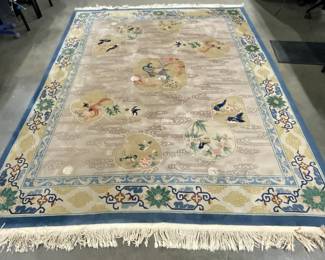 Vintage Oriental Peacock Motif Fringe Trim Rug
