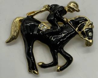 Vtg Gold Tn Enameled Crystal Horse & Jockey Brooch
