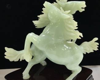 Green Jade Asian Galloping Horses Sculpture, Stand
