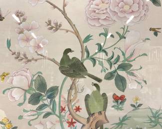 Hand Painted Bird & Floral Silk Panel, Framed 46in
