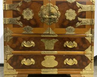 Vintage Asian Burlwood Campaign Tansu Chest
