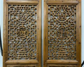 Pair Vintage Asian Carved Wooden Doors 63in
