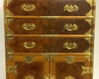 Vntg Asian Burlwood Campaign Chest W Handles
