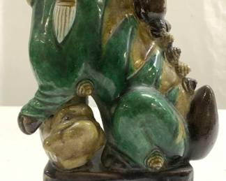 Antique Asian Ceramic Foo Dog & Wooden Stand
