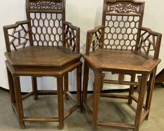 Pair Antique Asian Carved Wood Hexagonal Chairs
