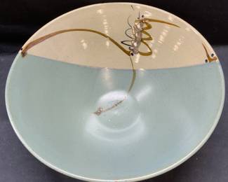 Signed Handmade Blue Pottery Bowl, 14.5 Inches
