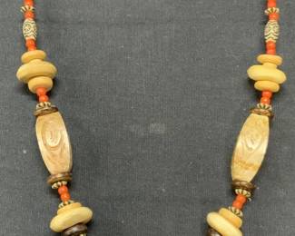 Signed Asian Carved Bone Pendant Necklace
