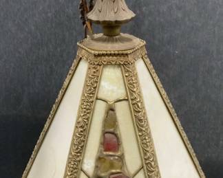 Vntg Stained Glass Slag Glass Pendant Light
