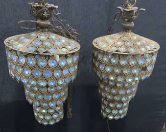 Pr Vintage Brass & Opalescent Glass Chandeliers
