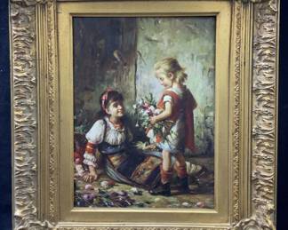 Signed Girls W Flowers Oil Painting
