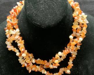 HDNY Pearl & Orange Agate Chip Bead Necklace
