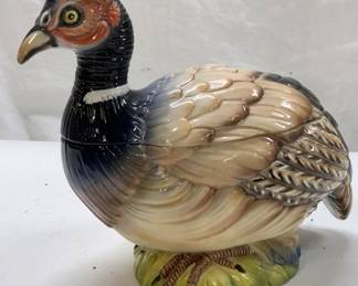 Porcelain Pheasant Majolica Lidded Bowl, Italy
