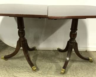 Vtg Double Pedestal Wooden Dining Table W Casters
