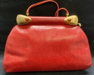 Vtg Judith Leiber Coral Lizard Leather Handbag
