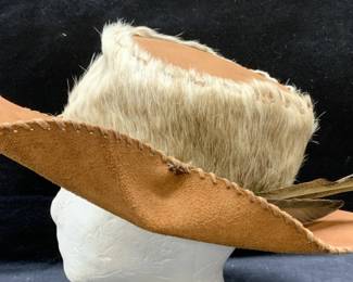 Vintage Tan Leather, Fur, Feather Hat & Box
