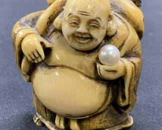 Signed Carved Bone & Pearl Buddha Netsuke
