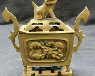 Vintage Stamped Brass Asian Fu Dog Censer
