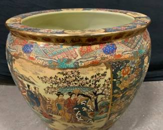 Vtg Sgn Hand painted Asian Ceramic Fishbowl Planter
