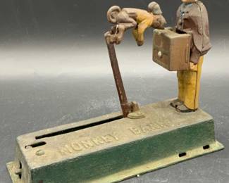 Vintage Cast Iron Mechanical Monkey Coin Bank
