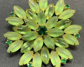 Vintage Green Lucite & Crystal Flower Brooch
