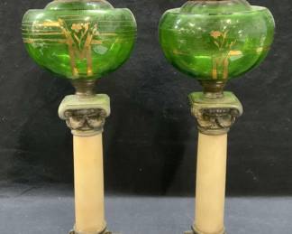 Pair Vtg DUPLEX Alabaster & Glass Oil Lamps 18in

