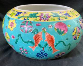 Signed Hand Painted Asian Porc Planter Vessel
