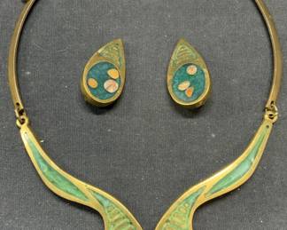 Lot 2 Brass Enamel & Stone Necklace & Earrings
