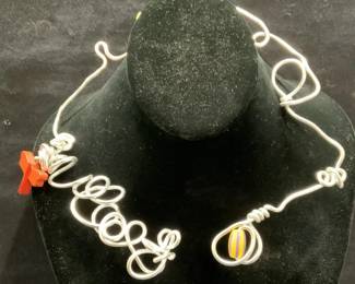 Sculptural Artisan Silver Tn Wire Beaded Necklace
