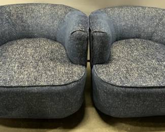 Pair Upholstered Blue & White Swivel Lounge Chairs
