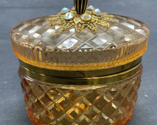 Vintage Signed Amber Cut Glass Dresser Box
