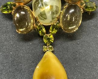 SCHREINER Green Crystal Pendant Brooch 3in
