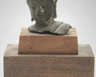 Antique Bronze Buddha Head On Stand
