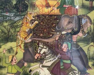 Antique Mughal Tiger Hunt Mixed Media On Silk
