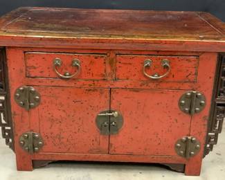 Antique Asian Red Carved Wood Cabinet
