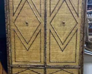 Vintage Grass Cloth & Faux Burnt Bamboo Armoire
