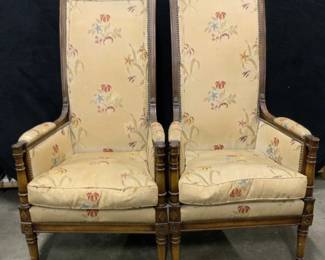 Pair Vintage Carved Wood Upholstered Armchairs
