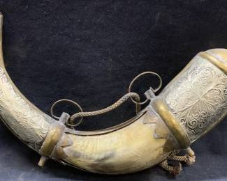 Antique Brass & Silver Horn Gun Powder Holder
