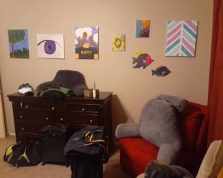 Bedroom Dresser, Chair, Paintings