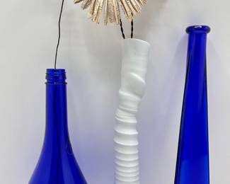 Artisan Made Ceramic Vase, 2 Cobalt Blue Vases, Paper Flowers & Metal Bumble Bee
Lot #: 167