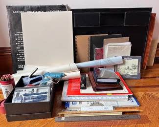 Large Collection Of Art Supplies & Office Supplies: Pads, Leather Desk Pad, Quality Art Pens & Pencils, Rulers
Lot #: 108